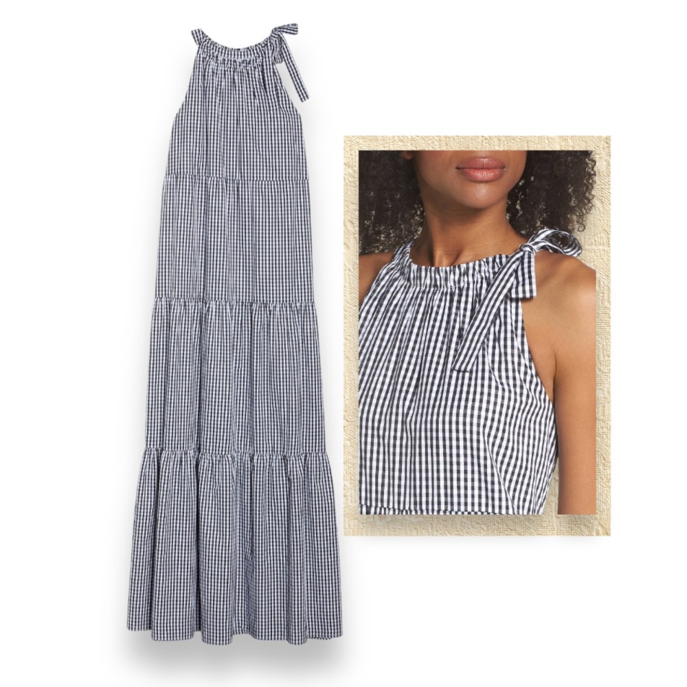 Maggy London Gingham Checkered Boho Tiered Halter Neckline Maxi Dress